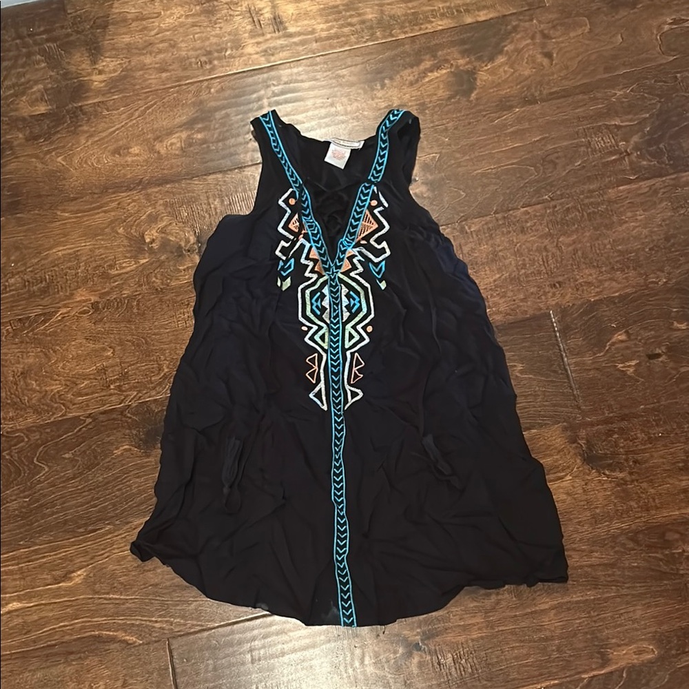 Flying Tomato Black Mini Dress with Blue and Orange Accents